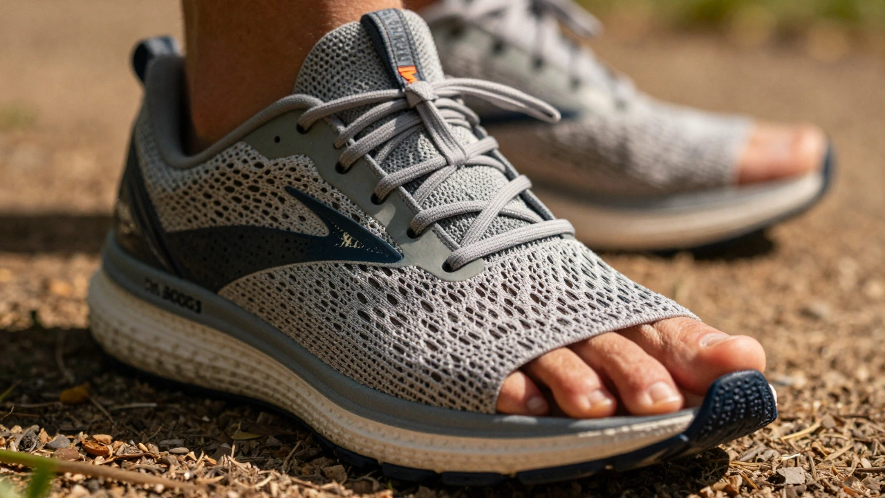 Close-up of a runner's foot showing natural toe splay inside a Brooks shoe upper.