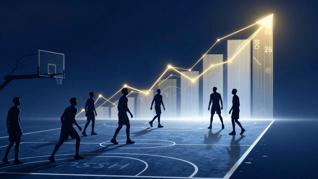 Conceptual art merging basketball court with financial growth charts