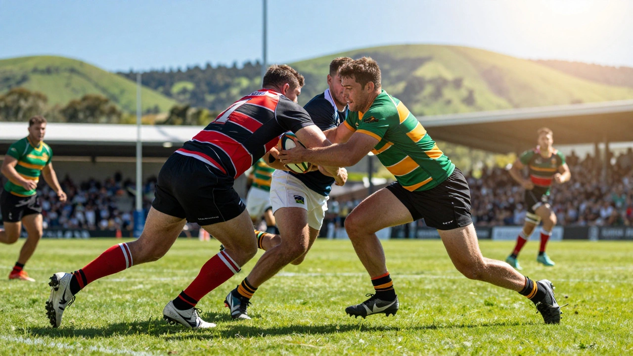 Dynamic action shot of athletes tackling during a sunny rugby match