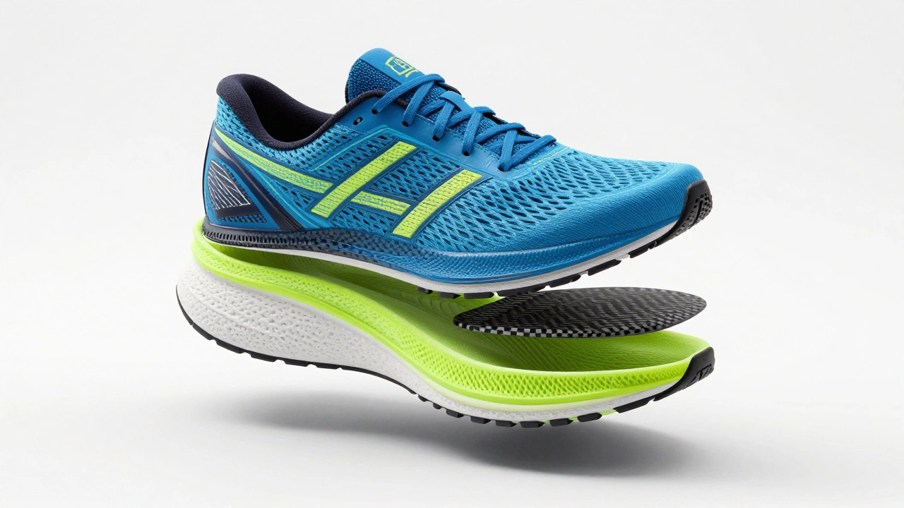 Exploded 3D view of running shoe internal foam and tech layers