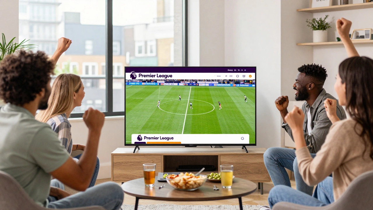 Friends cheering together while watching a soccer match on a large television screen.