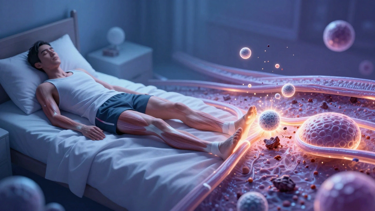 Illustration of muscle fiber repair and inflammation during post-race recovery