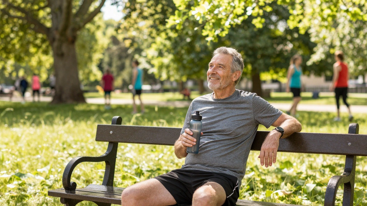 Older runner resting happily in a sunny park