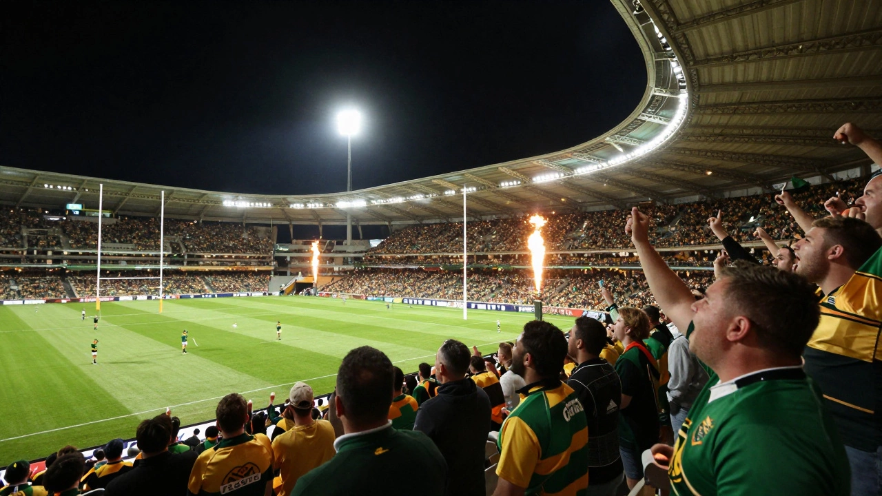 Passionate fans cheering in a dark South African stadium
