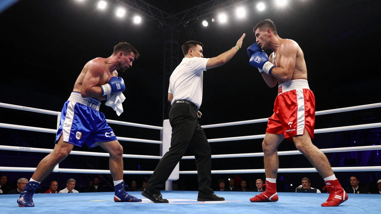 Referee stopping a boxing match to protect an injured fighter