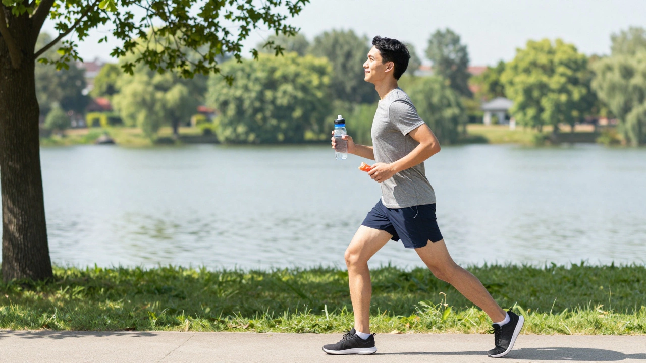 Runner doing gentle active recovery exercises in a sunny park setting