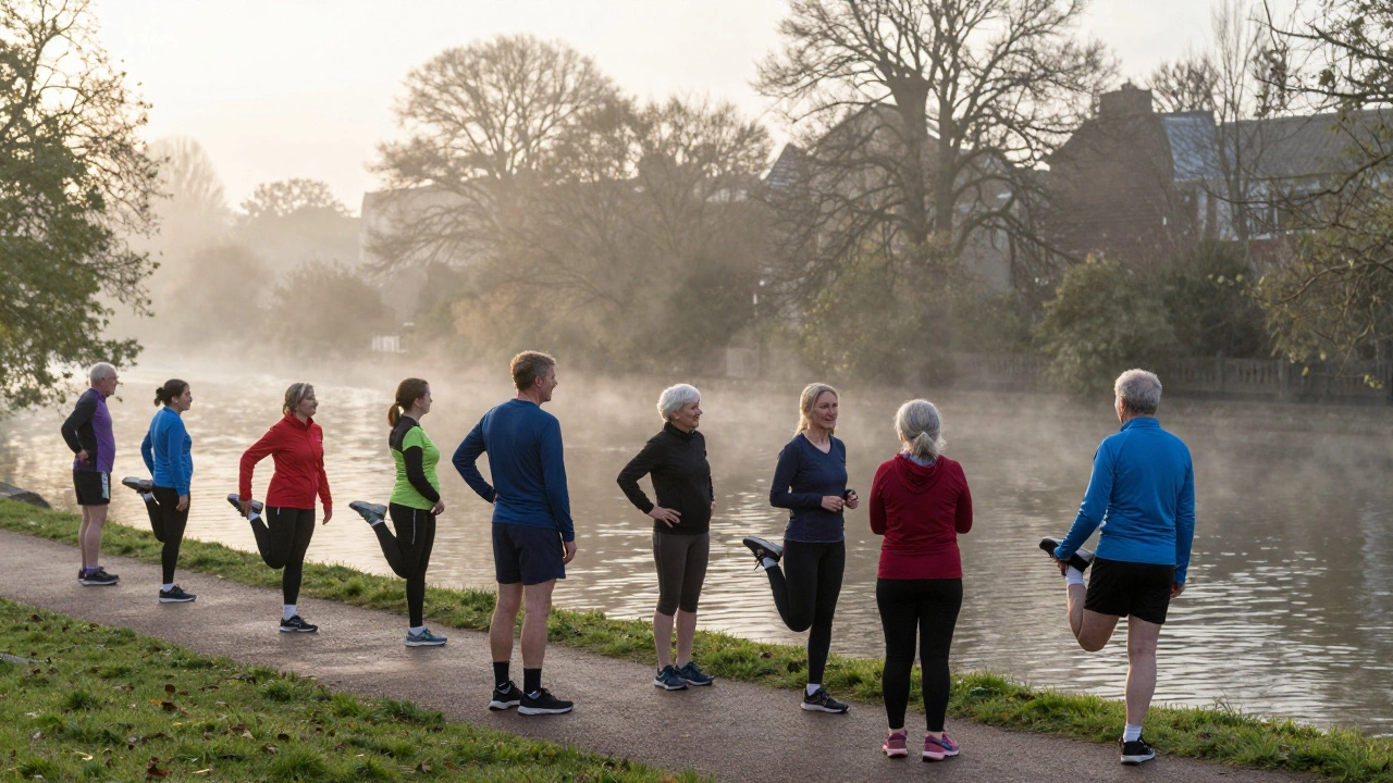 Runners chatting and stretching by a misty river at dawn, showing community bonds.