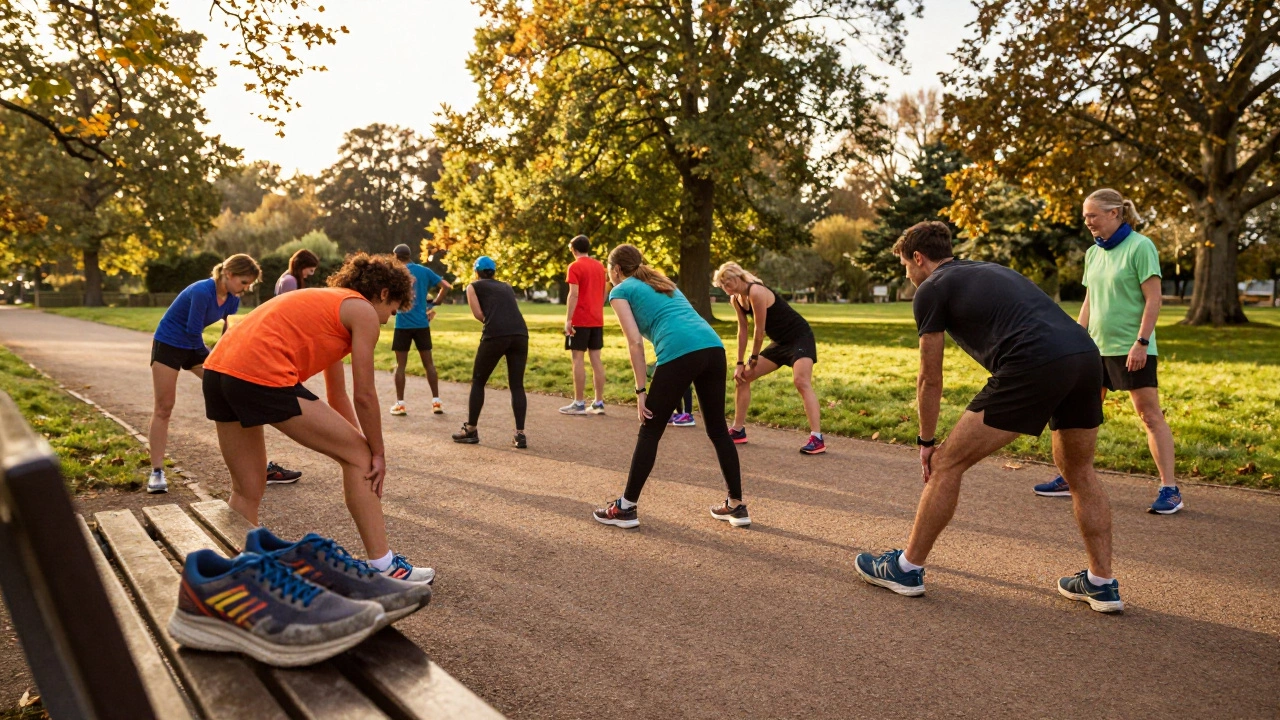 Runners stretching in a park with running shoes nearby at sunset