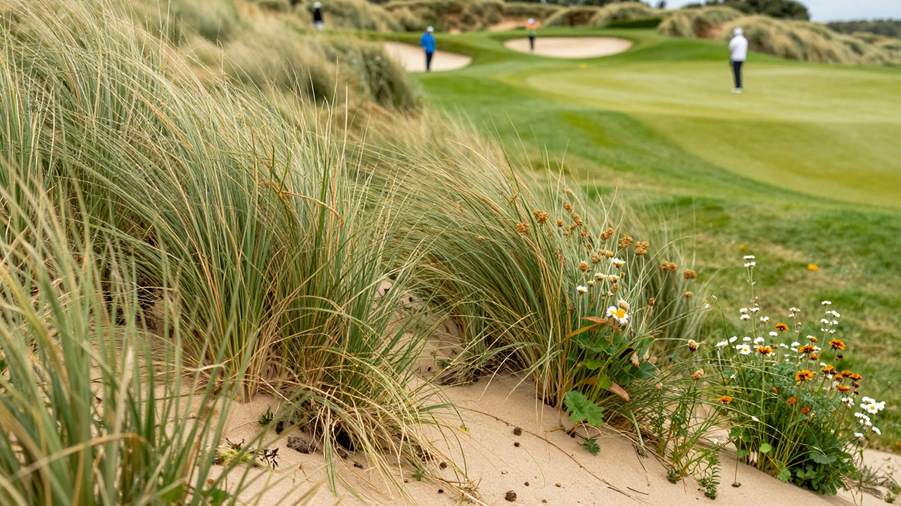 Sand dunes and marram grass on the St Andrews links with golfers in distance