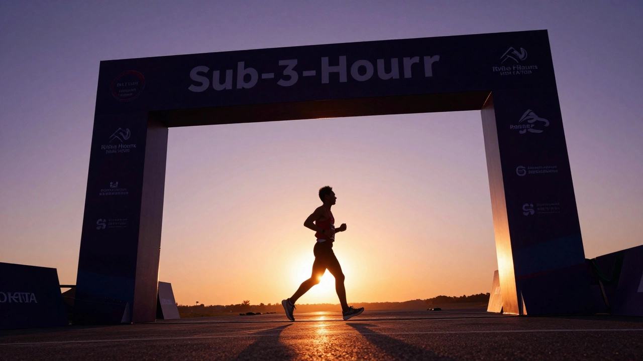 Silhouette of a runner crossing the finish line at sunset triumphantly.