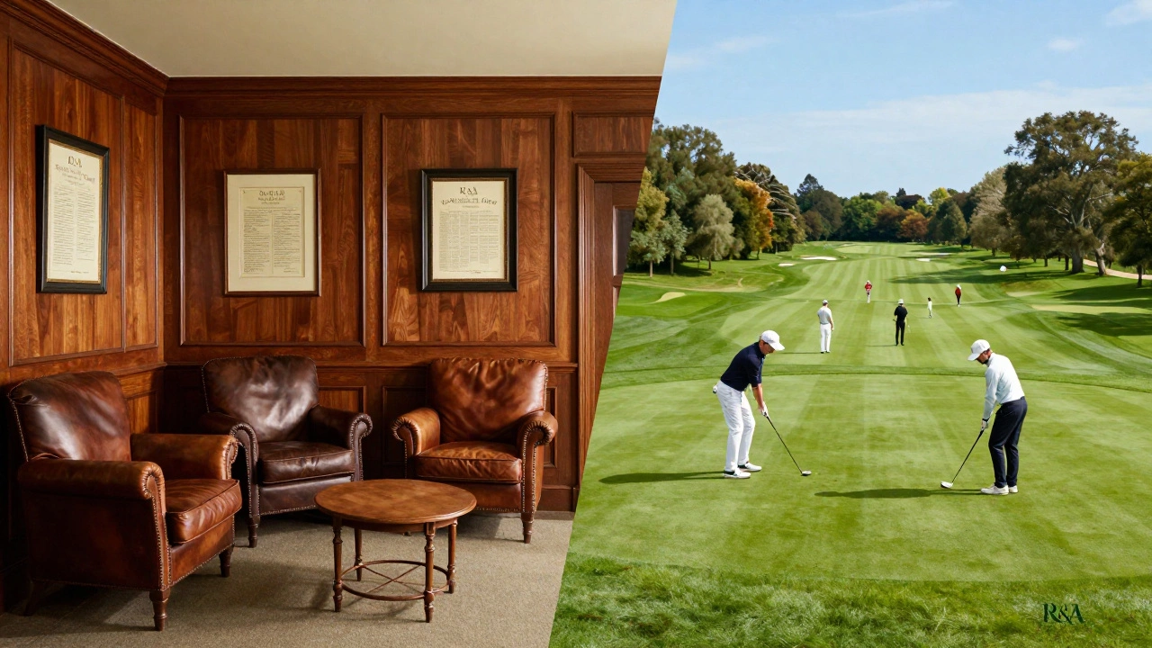 Split image showing private club interior versus public golf course activity