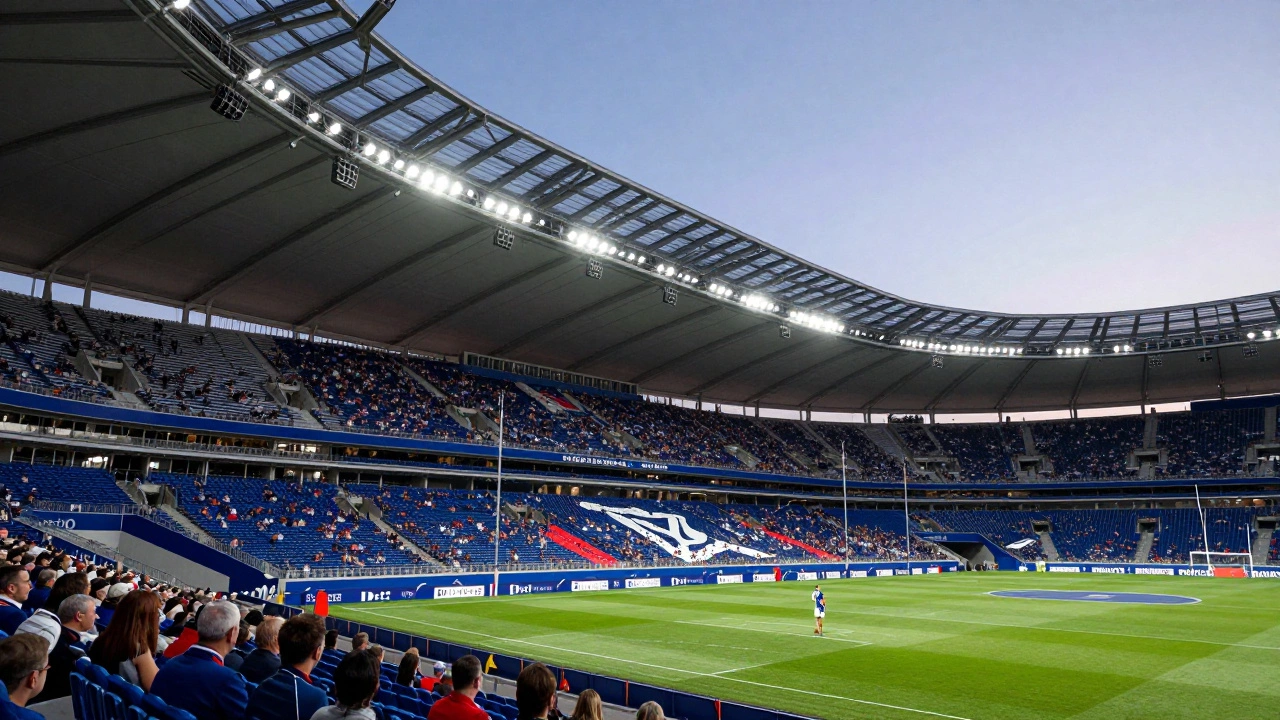 The massive Stade de France stadium in Paris at dusk