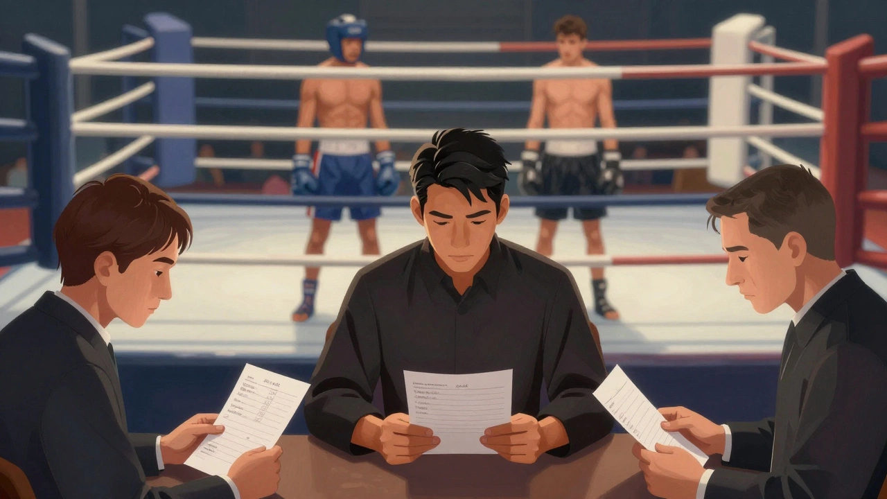 Three judges carefully reviewing scorecards at boxing ring corners