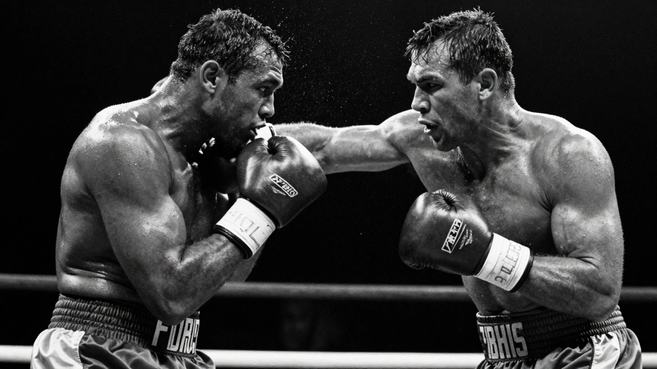 Two boxers exchanging heavy punches in a gritty black and white photo