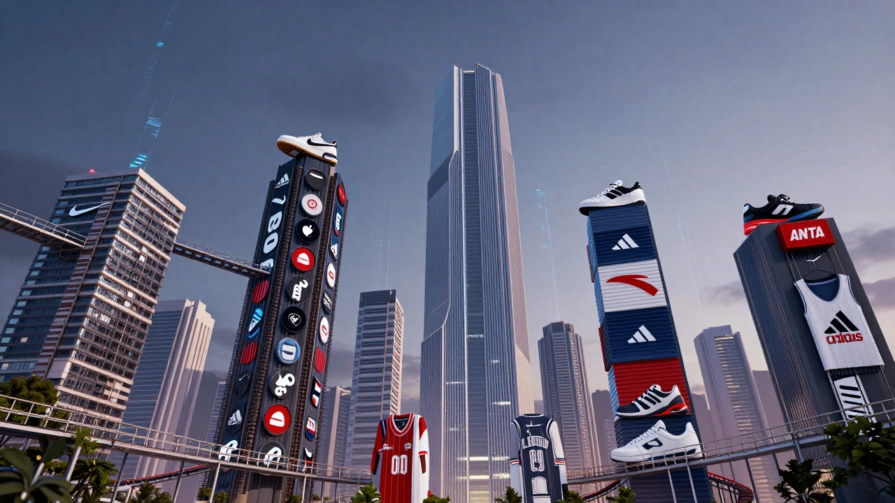 Abstract towers made of sportswear symbolizing market giants