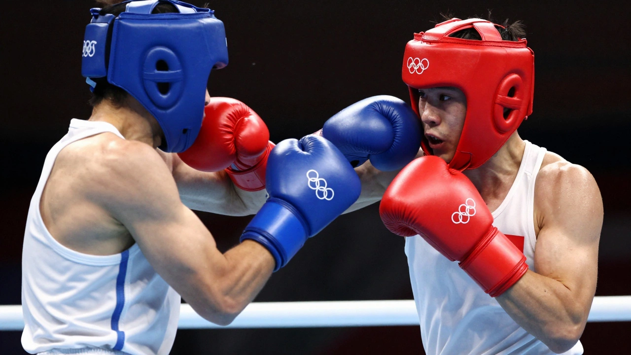 Amateur boxers in headgear exchanging fast punches during an Olympic bout