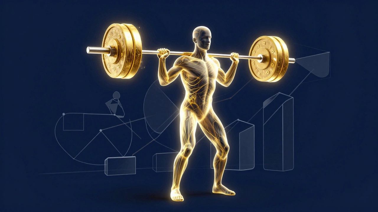 Artistic depiction of strength gain with glowing barbell and energy