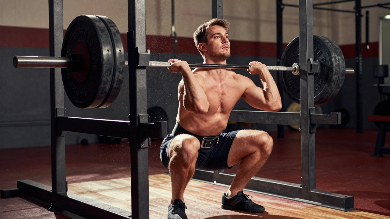 Athlete performing heavy barbell back squat with intense focus