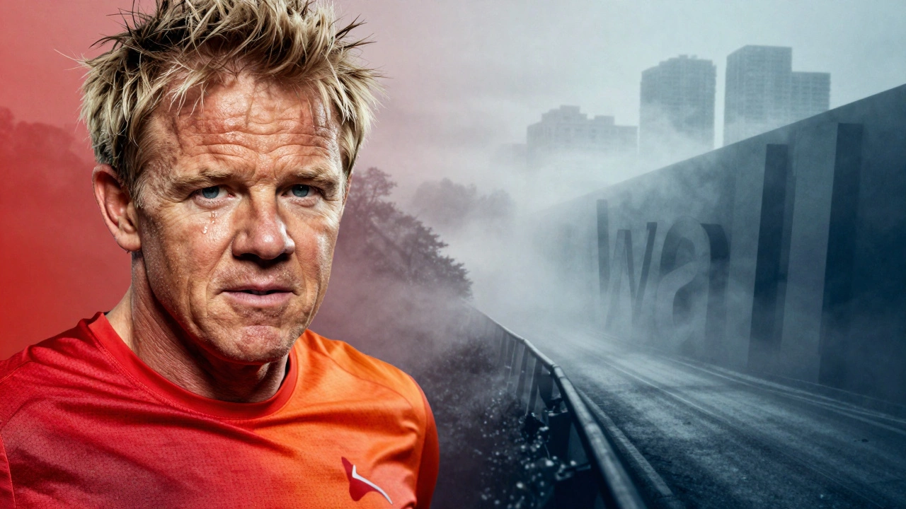 Close-up of runner's determined face battling fatigue during marathon