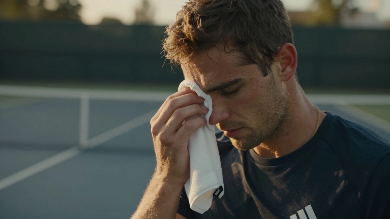 Focused tennis player resting during a match, showing mental toughness