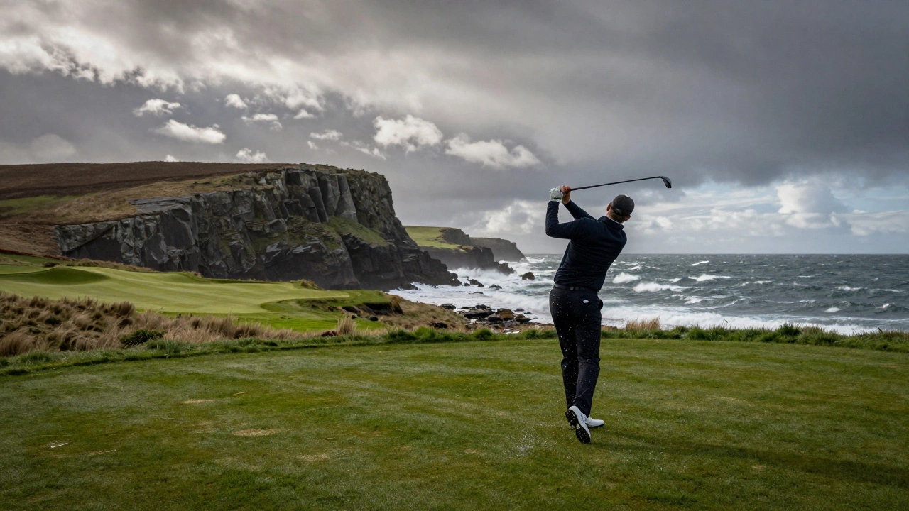 Golfer swinging on a dramatic coastal links course