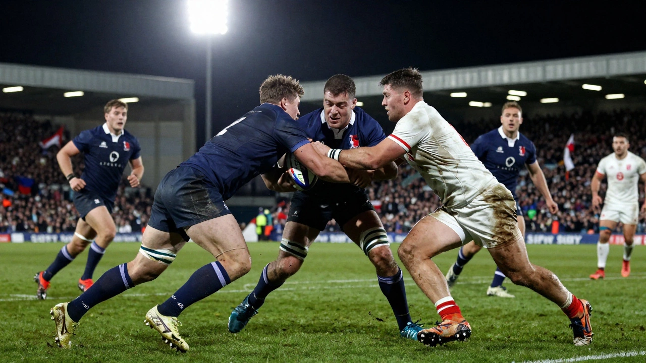 Intense rugby tackle during a Six Nations match under stadium lights