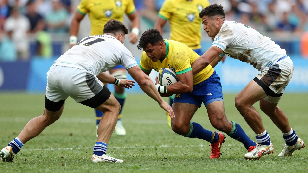 Intense tackle during Brazil vs Uruguay rugby match action