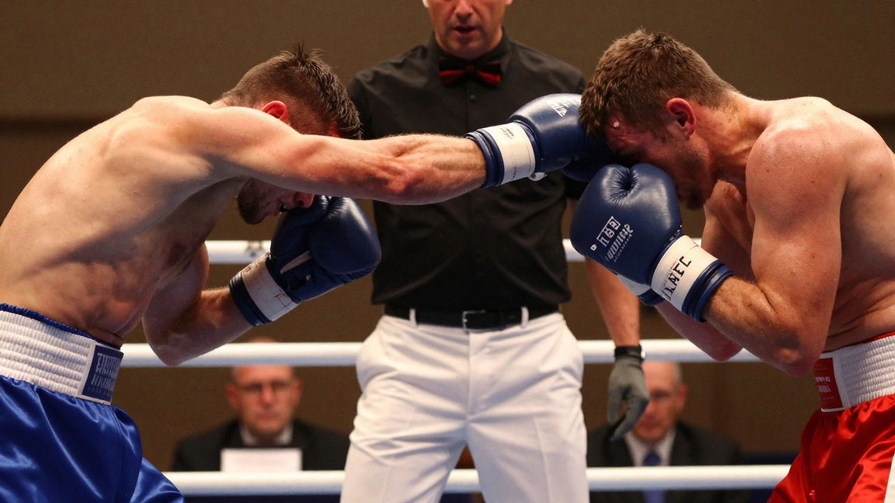 Referee separating two boxers during a clinch in the center of the ring