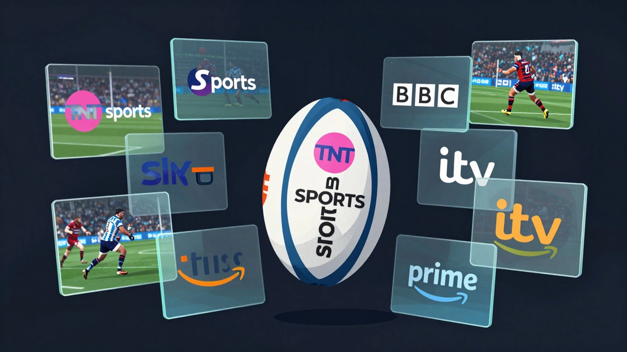 Rugby ball surrounded by floating broadcaster logos like Amazon and TNT