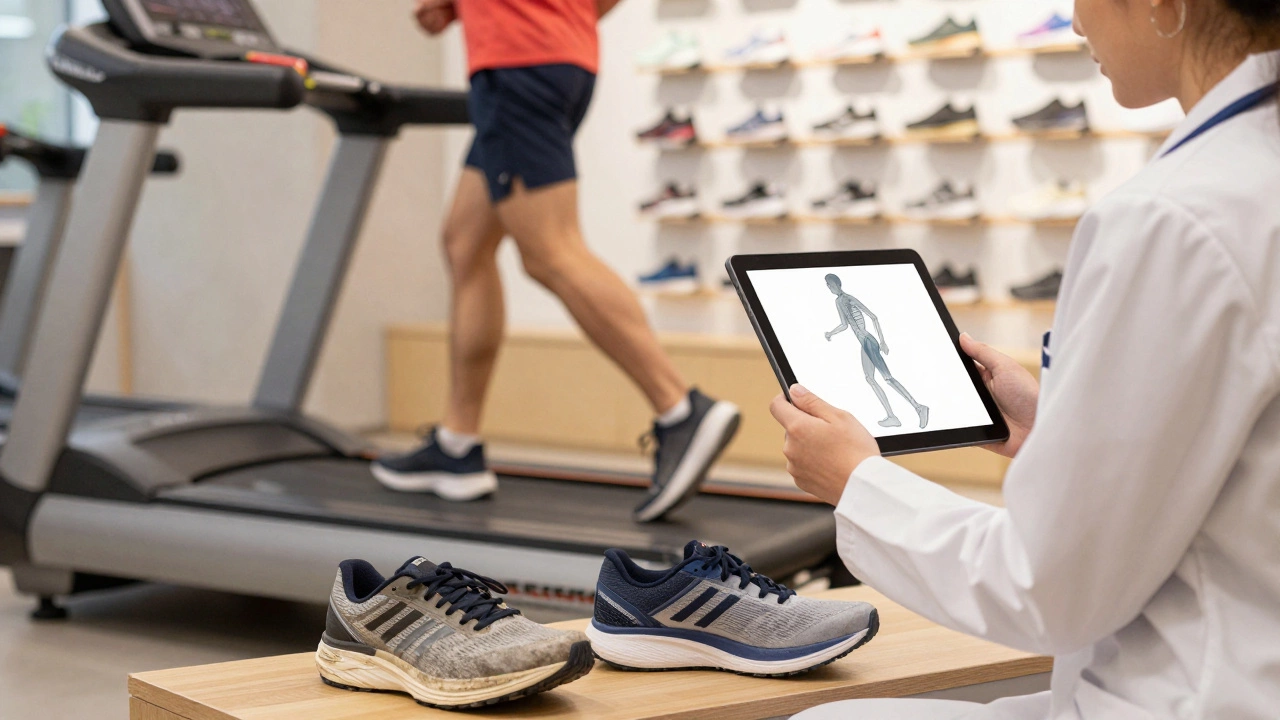 Runner undergoing gait analysis on treadmill in a specialized running store