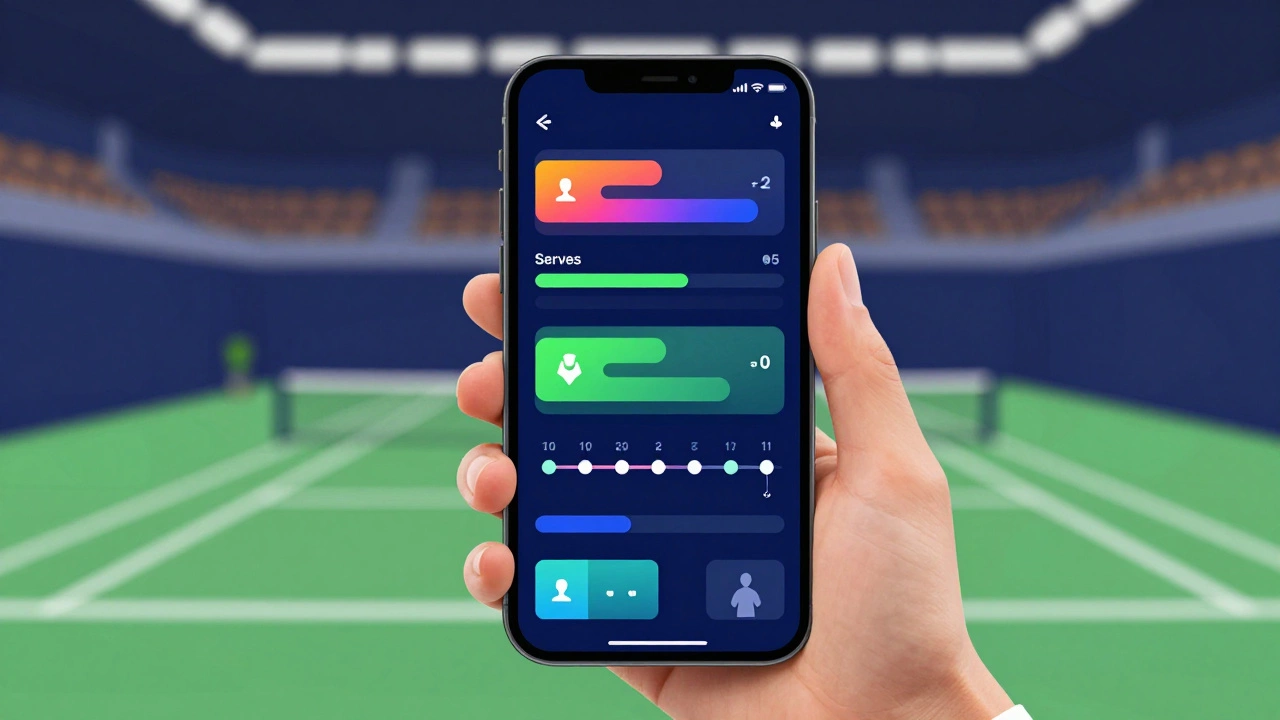 Smartphone displaying a live tennis score app with abstract stats