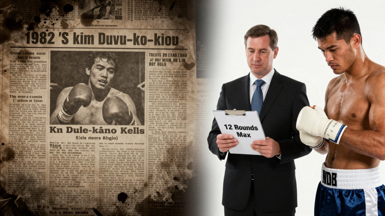 Split image contrasting historical boxing tragedy with modern safety regulations.
