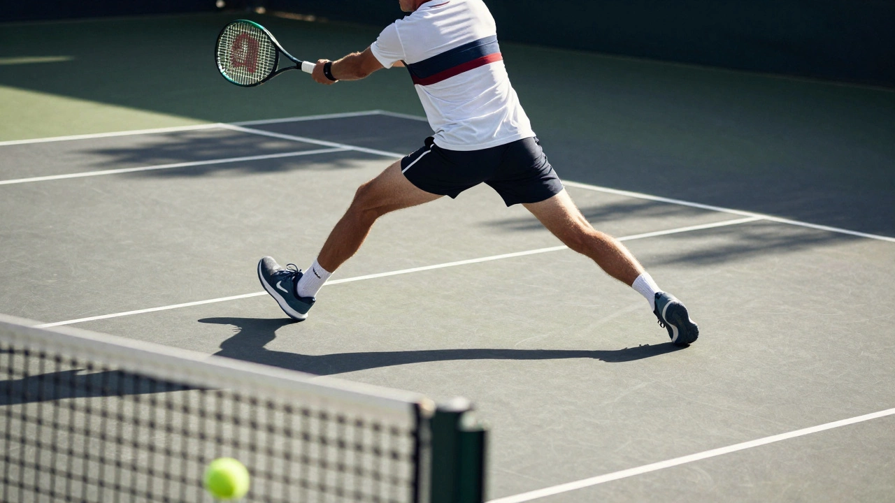 Tennis player performing a split-step return with intense focus