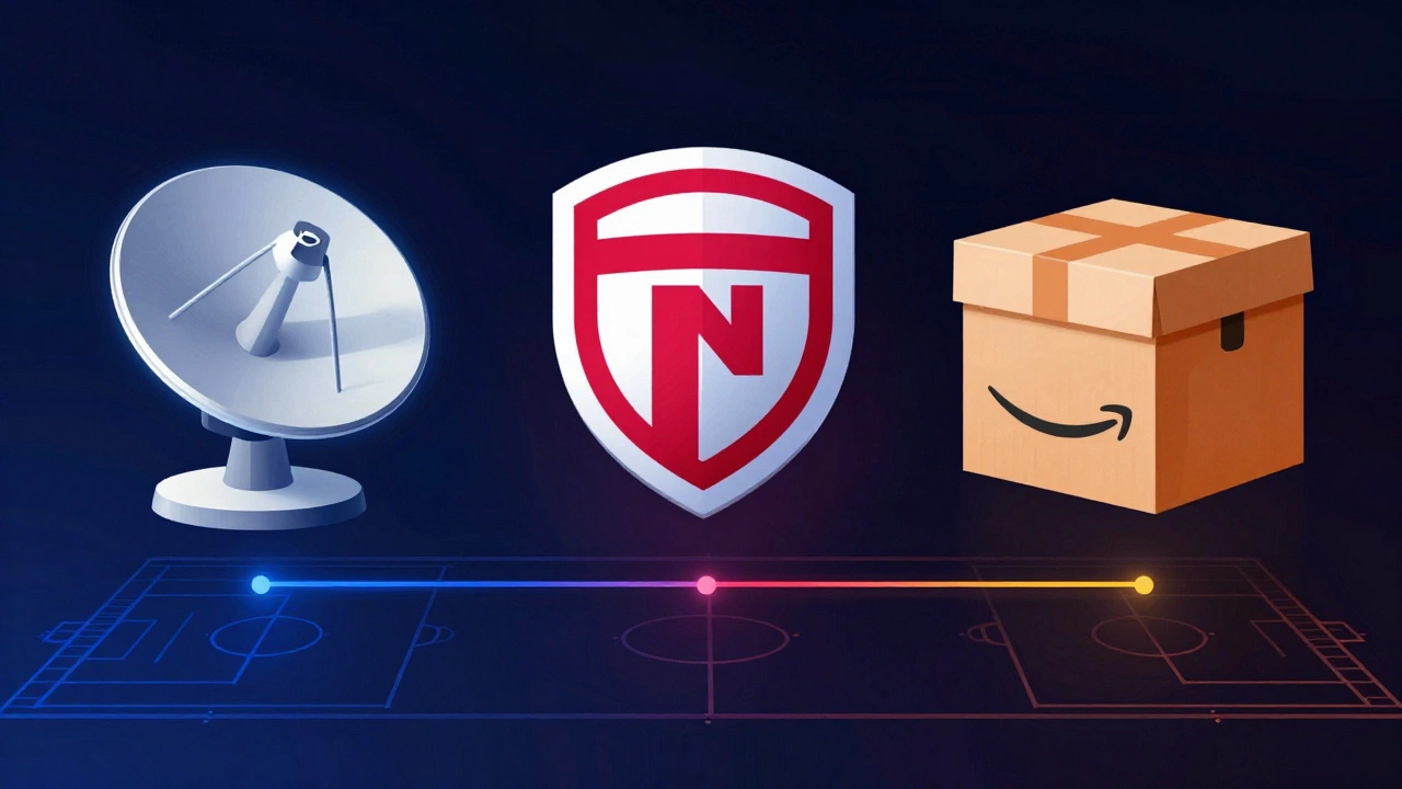 Three symbols representing major UK football broadcasters connected by data streams