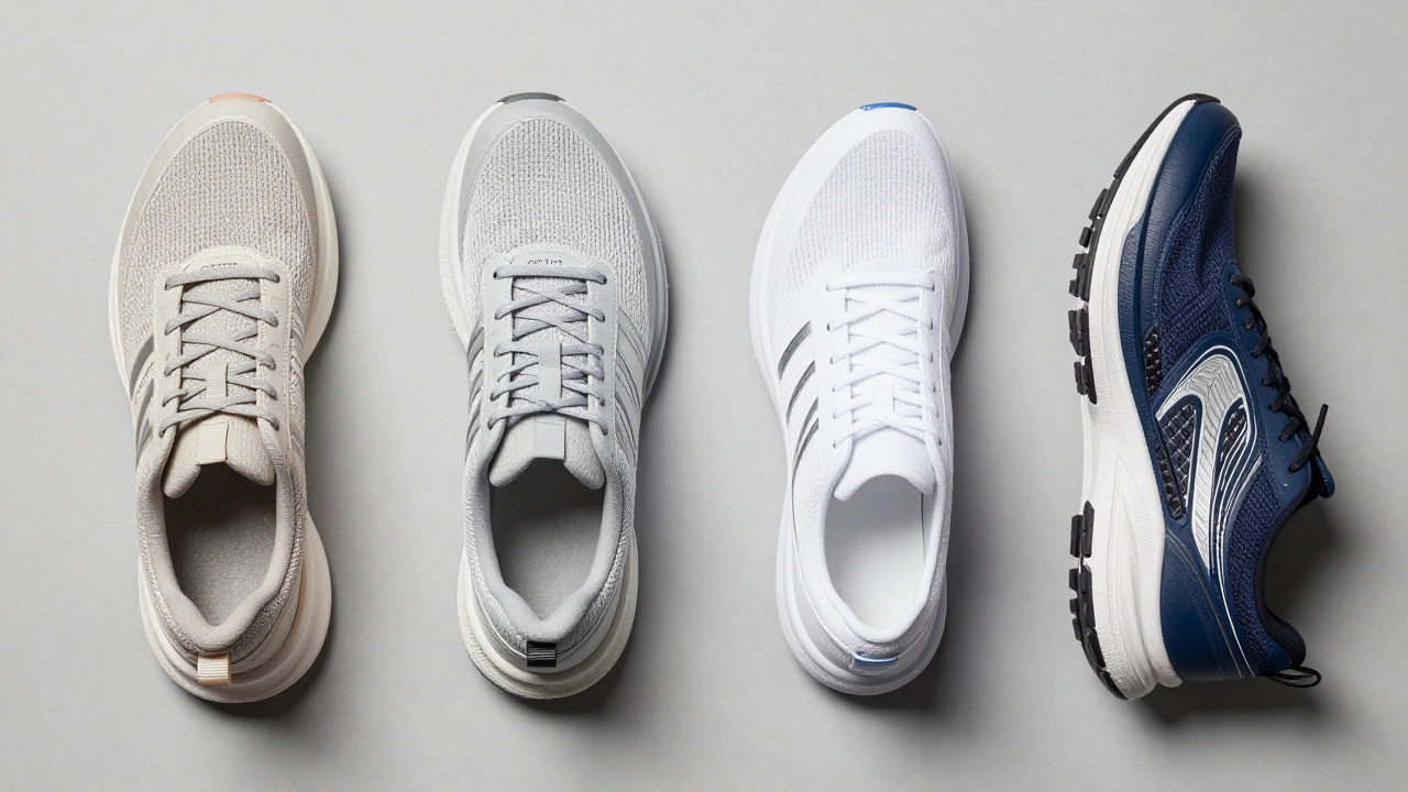 Top-down view of four running shoe types: neutral, stability, minimalist, and racing