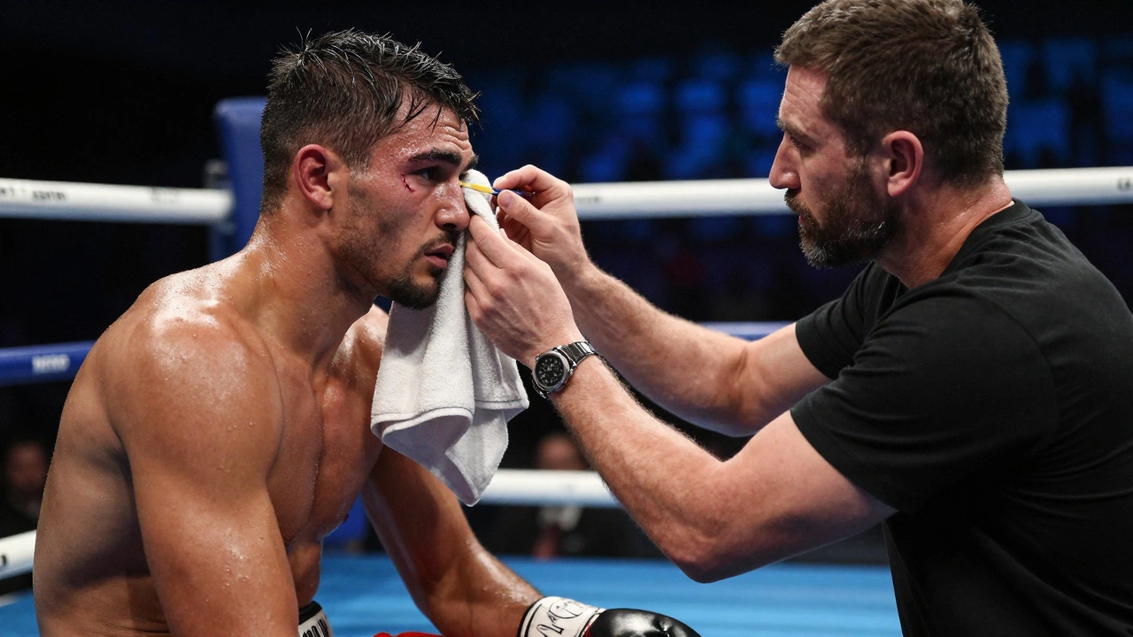 Trainer and cutman attending to a boxer in the corner during a break