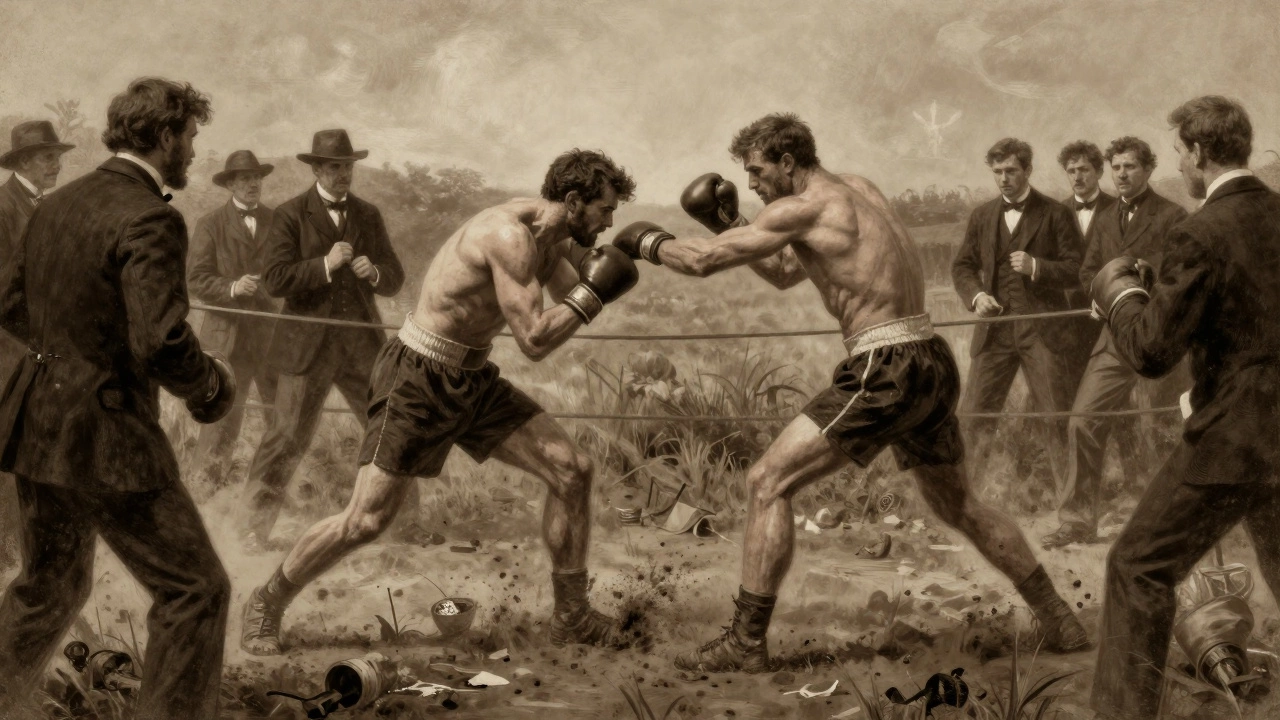 Victorian era bare-knuckle boxers fighting in a muddy field surrounded by crowds.