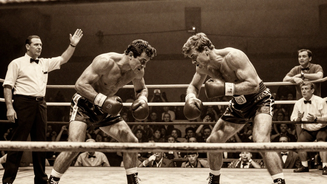 Vintage illustration of exhausted heavyweight champions in a historic 15-round fight