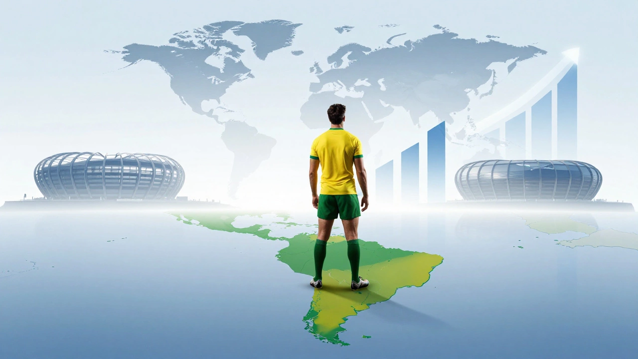 Young Brazilian rugby player standing on map of South America