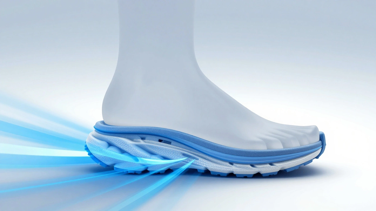 3D graphic showing foam compression and shock absorption in a running shoe