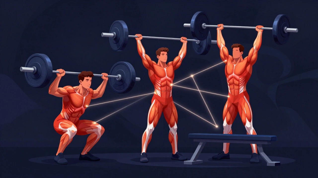 Abstract illustration of three figures performing squats, deadlifts, and bench presses with glowing muscle connections.