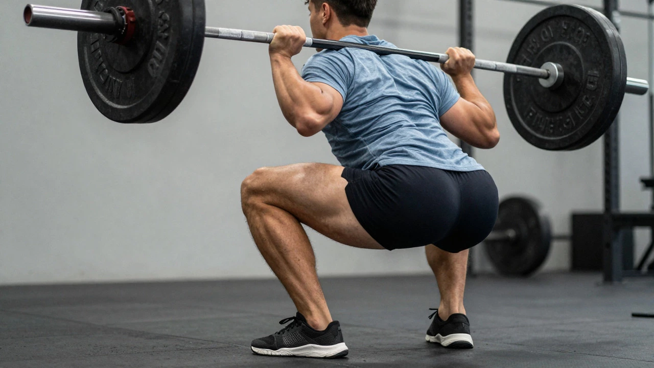 Athlete performing a deep back squat with proper form, highlighting leg and core muscle engagement.