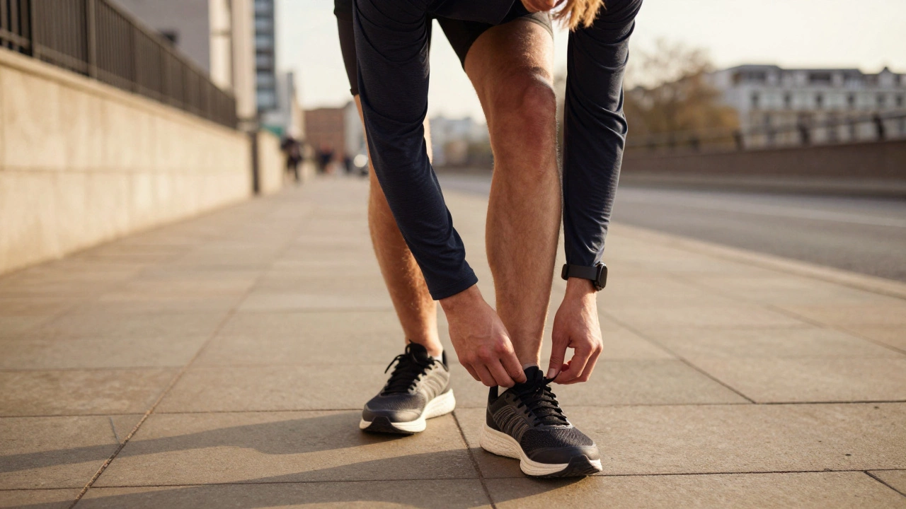 Beginner runner adjusting shoelaces on an urban path at sunset