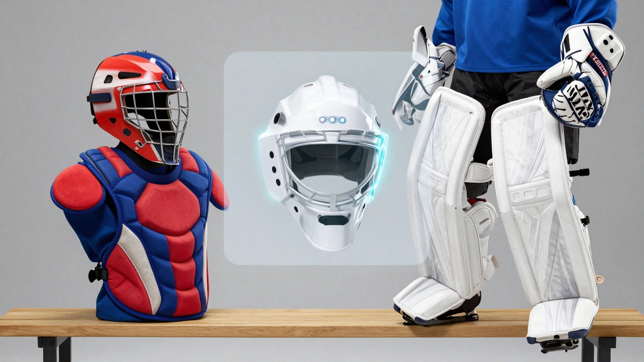 Collection of sports safety gear including catcher mask and hockey pads