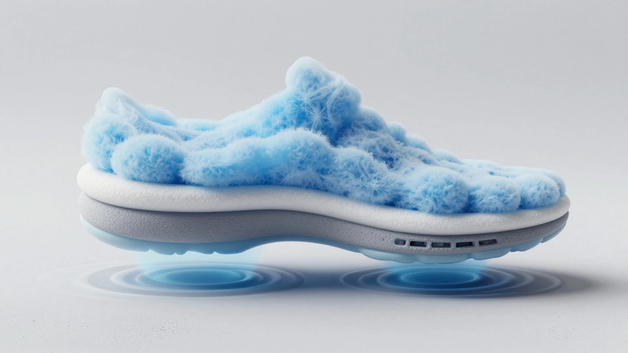 Cross-section of running shoe foam showing cushioning layers