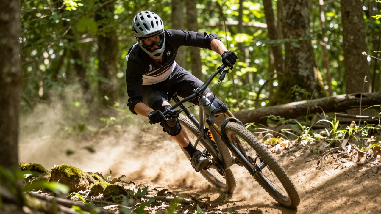 Cyclist in protective gear riding fast on a sunny forest trail