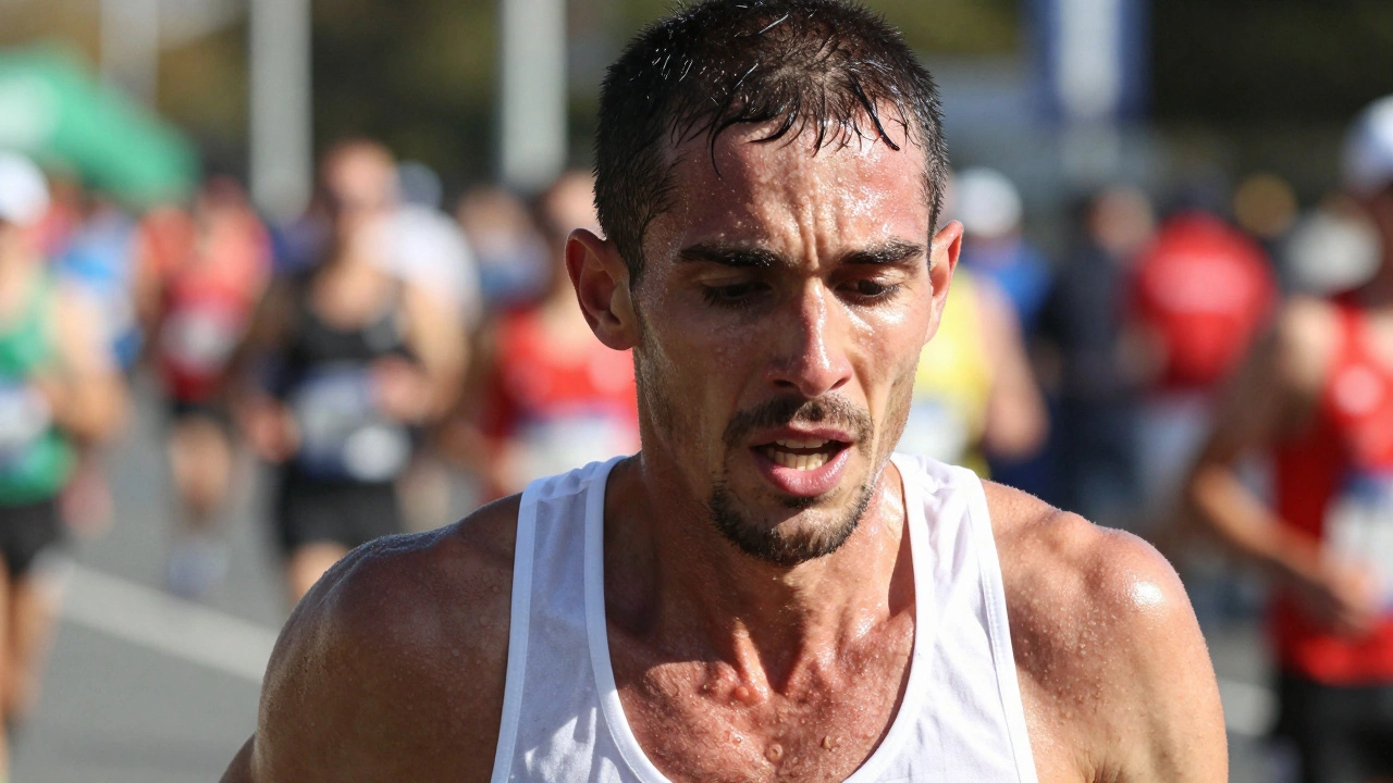 Exhausted runner struggling physically and mentally during a marathon