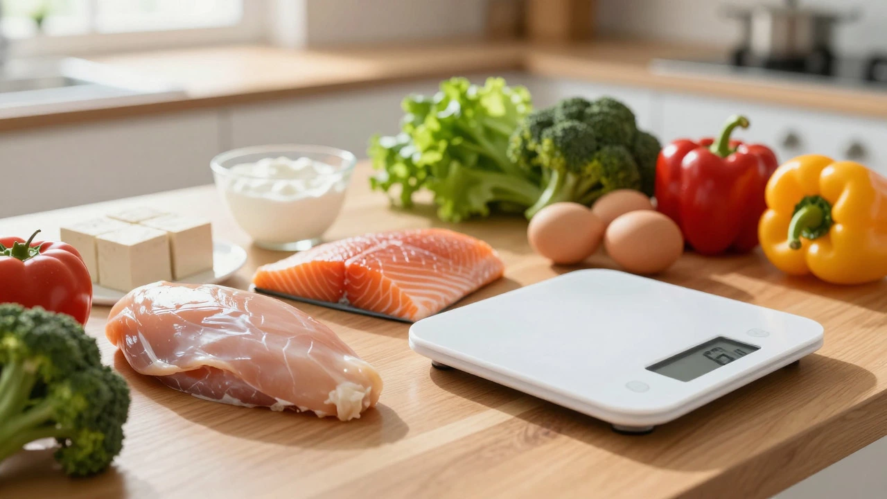 Fresh protein-rich foods on a table with a food scale