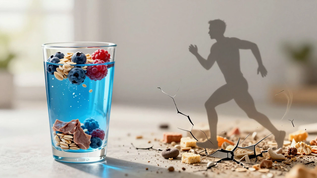 Glass runner silhouette contrasting healthy hydration with poor nutrition