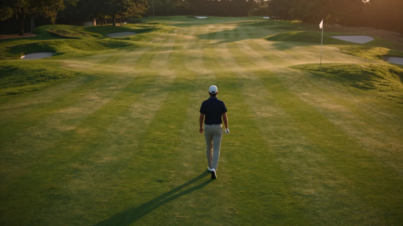 Golfer walking down a long fairway at sunset